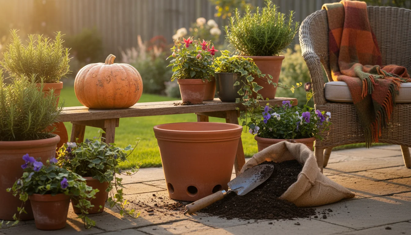 An unpainted pumpkin and a large terracotta-colored pot with visible drainage holes sit on a sunny patio, with gardening tools nearby.