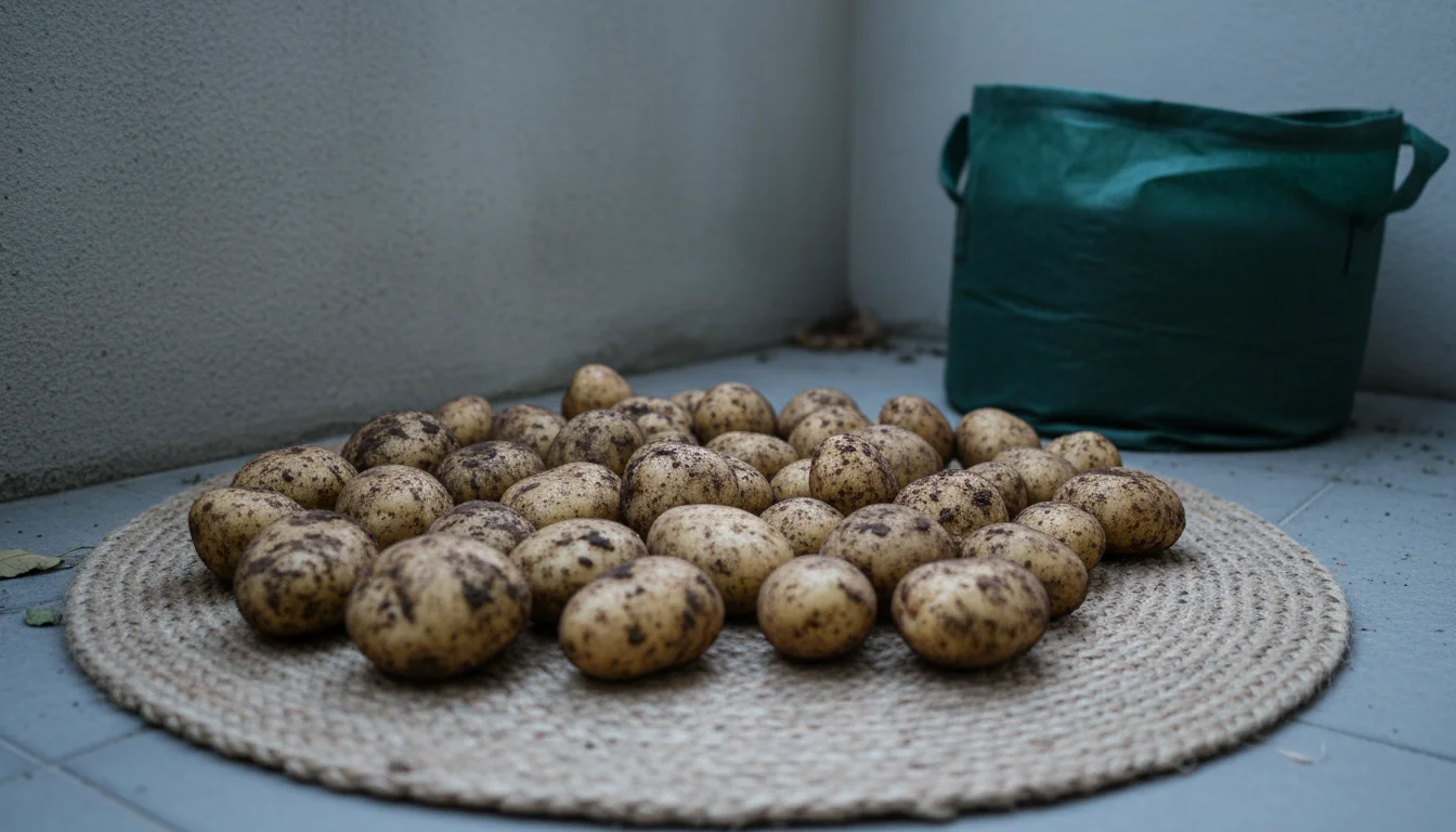 Unwashed, earthy potatoes spread on a natural fiber mat in a cool, dim corner of a small balcony, curing for long-term storage.