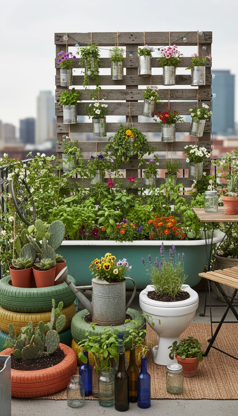 Upcycled balcony garden diagram: pallet vertical garden, bathtub planter, tire stacks, jug & colander containers. Herbs, veggies, trailing p