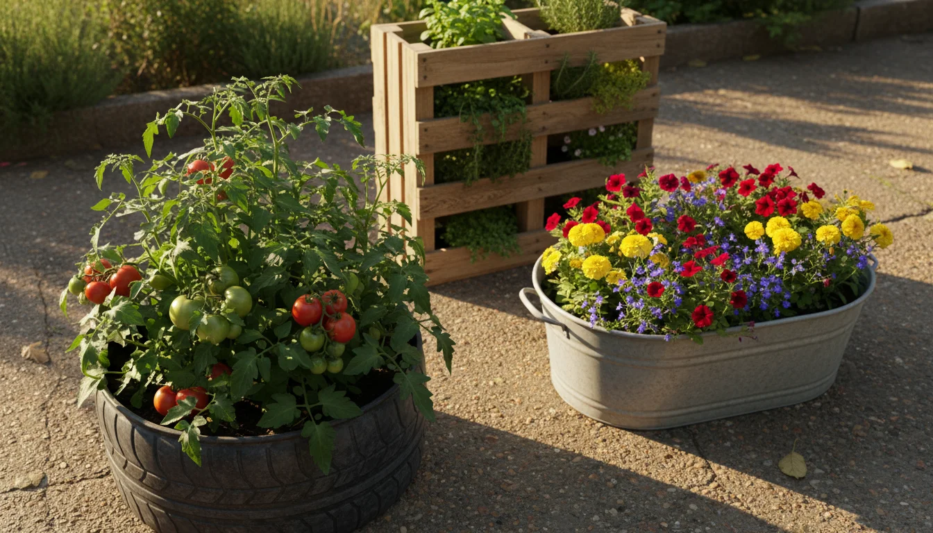 Slightly overhead shot of upcycled containers on a sunny patio: dark barrel with tomato, light metal tub with leafy greens, and a cream terracotta pot