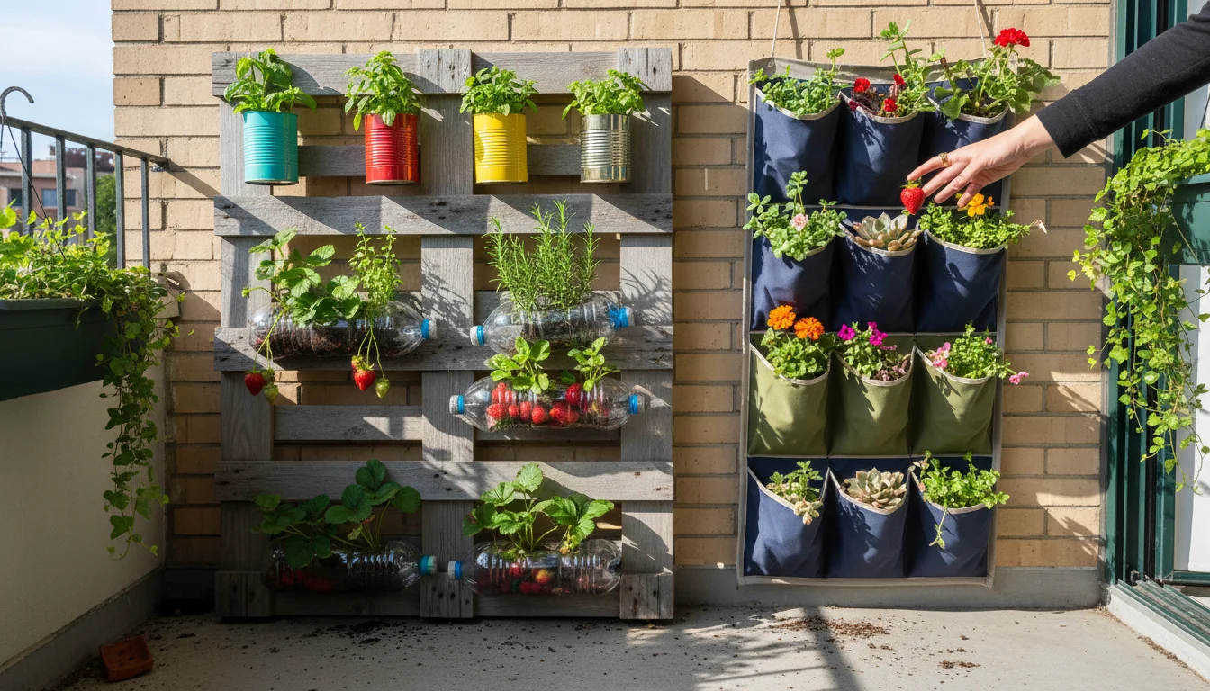 Upcycled wooden pallet and shoe organizer vertical gardens on an urban balcony. Pallet holds herbs and strawberries, organizer holds succulents. Hand 