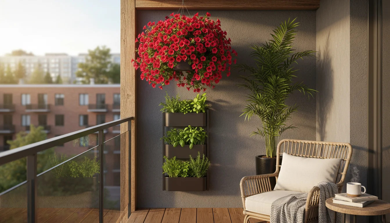 Urban balcony with cascading petunias in a hanging basket, wall-mounted herb planter, and tall potted bamboo palm, illustrating vertical layers.