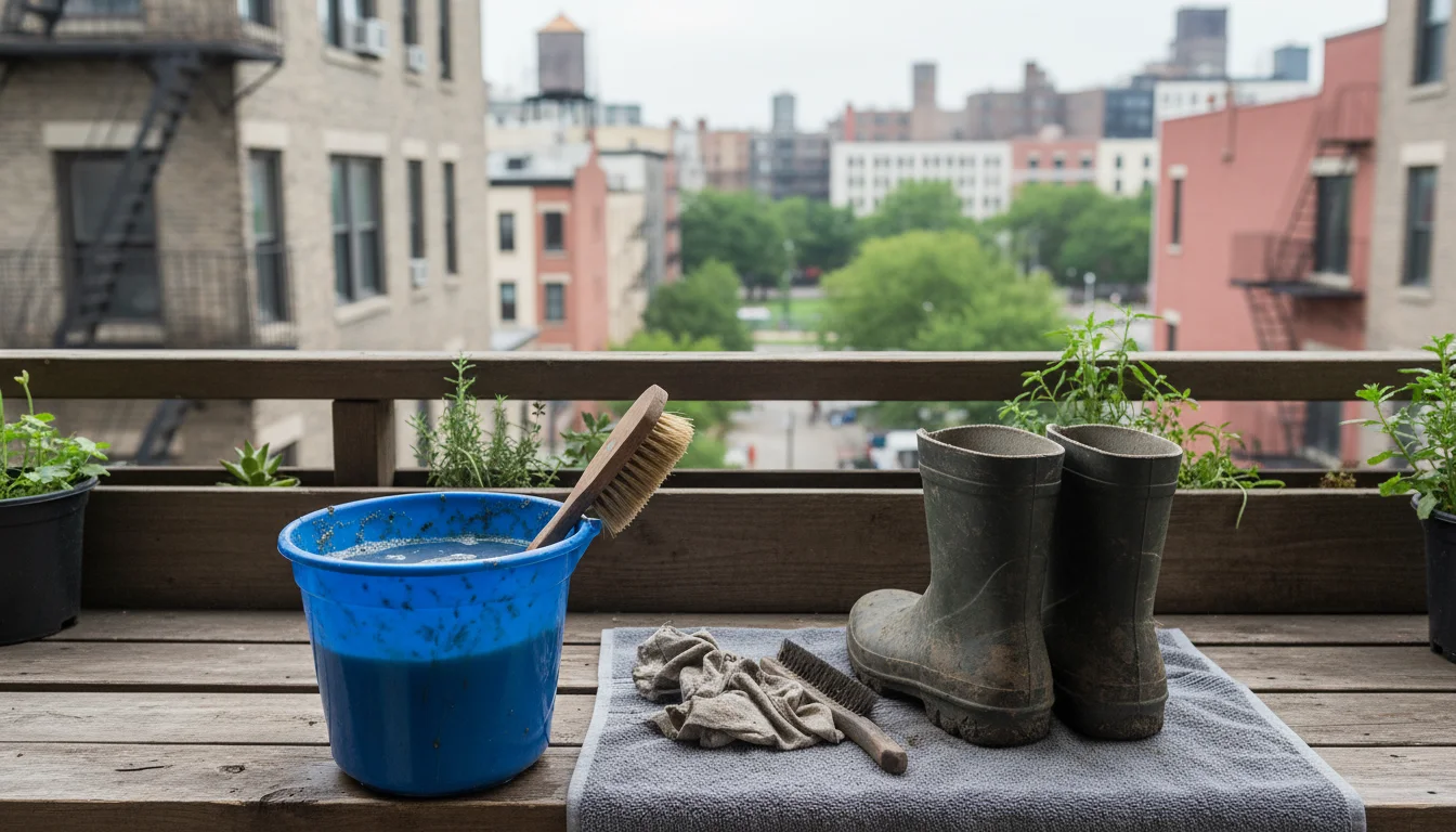 Urban balcony cleaning station: well-used pruners, trowel, bucket of water, and disinfectant bottle on a towel, drying after use.