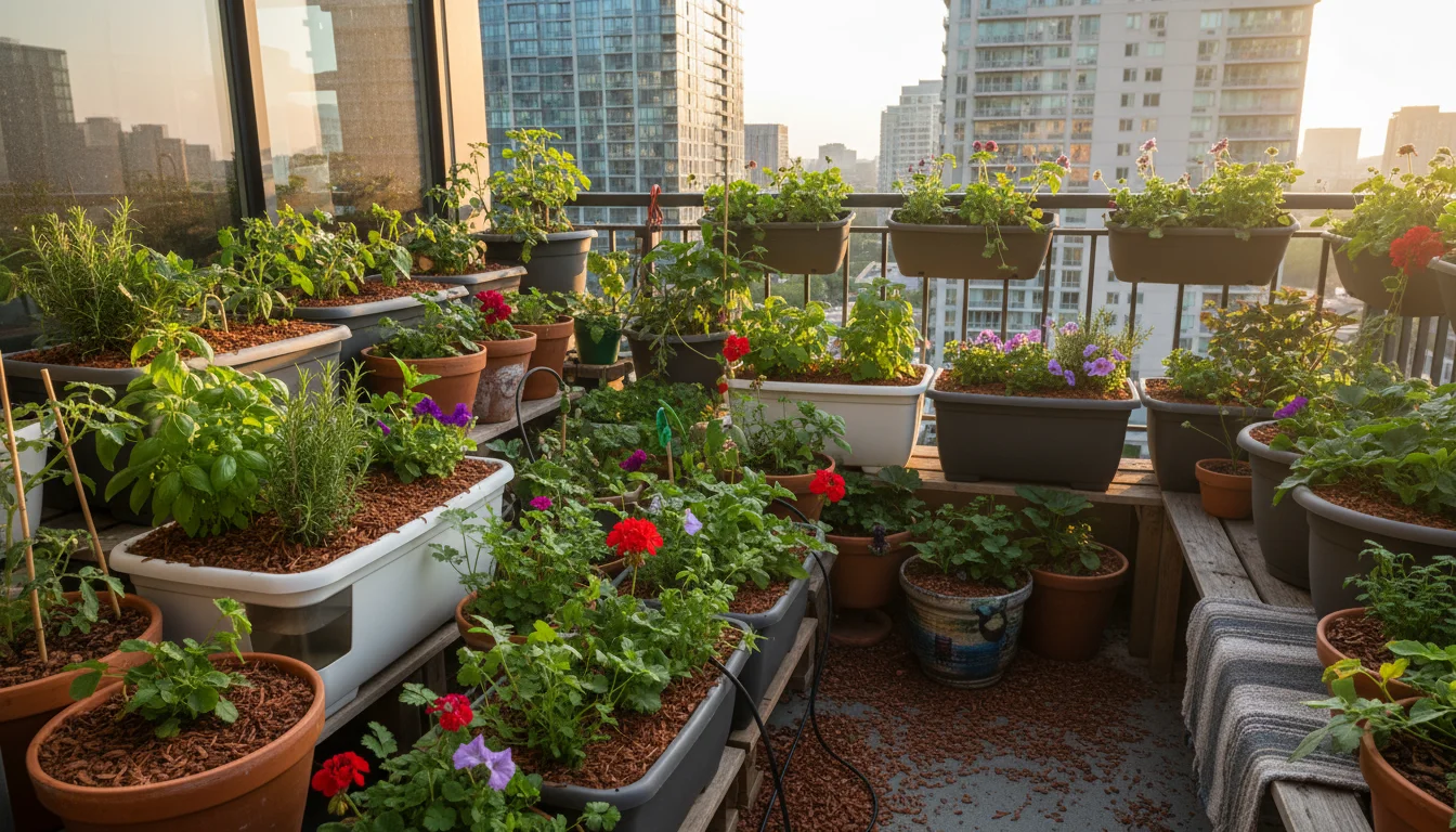 Urban balcony container garden featuring self-watering pots, mulched soil, and a compact rainwater collection barrel under soft afternoon light.