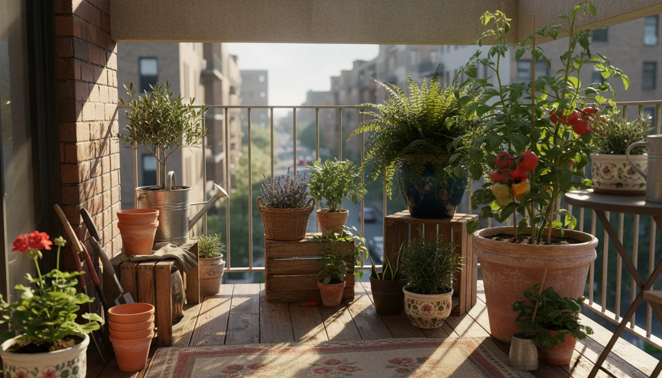 Urban balcony corner with container plants. A sun-loving tomato plant is in bright sun, while a fern is in shade under an overhang.