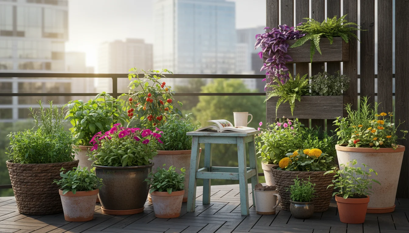 An inviting urban balcony corner garden featuring a diverse, well-arranged collection of potted plants and a vertical planter, bathed in morning light