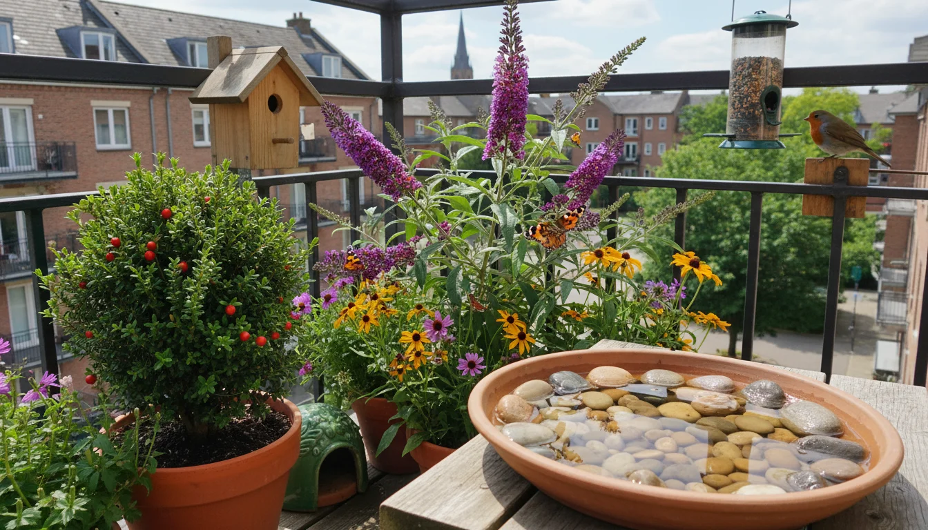 Urban balcony corner with a mini bird bath, container plants, and a small insect hotel for wildlife.