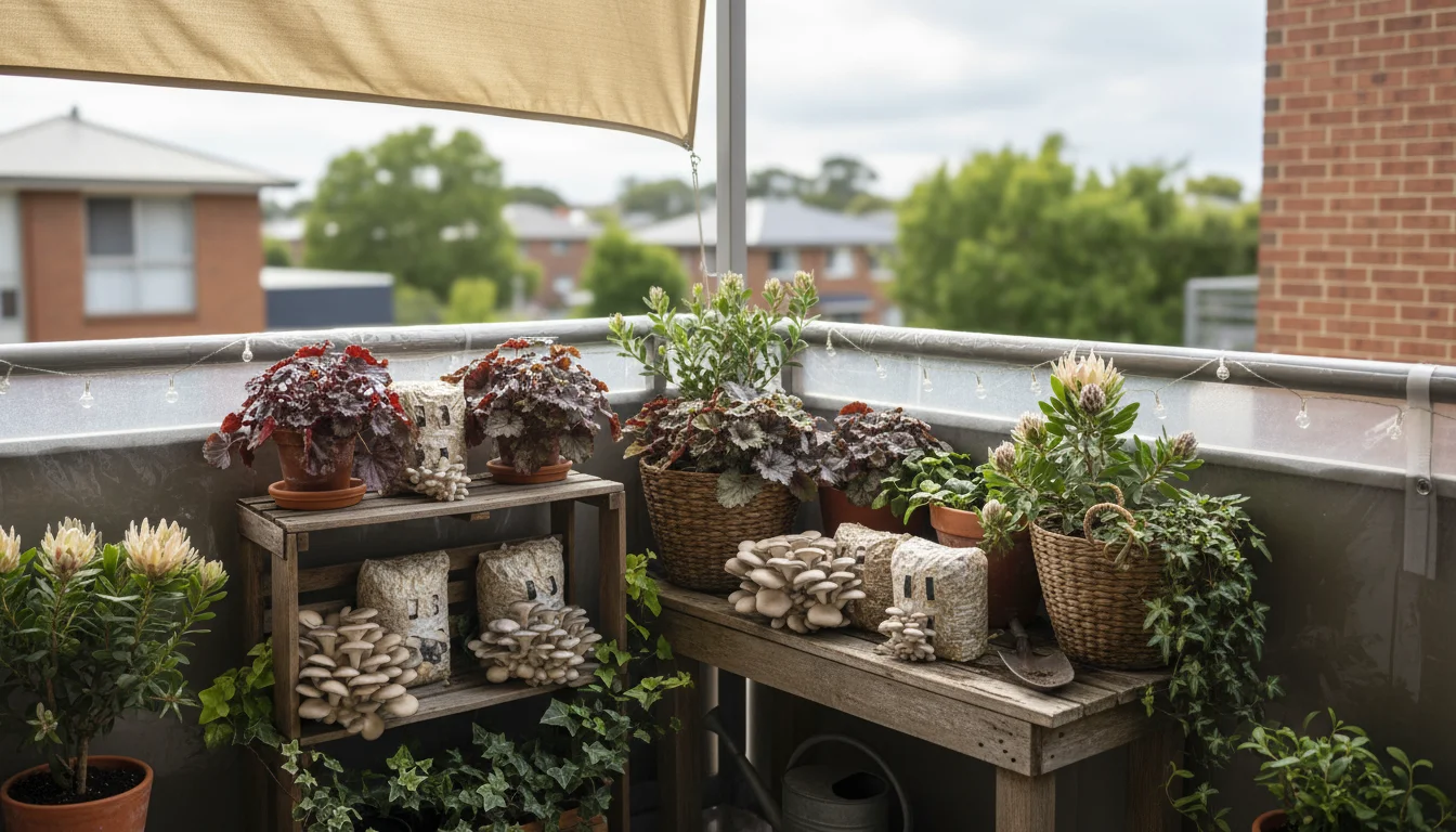 An urban balcony corner with mushroom grow kits on shelves amongst fall plants. Kits show fruiting mushrooms, well-positioned for shade and protection