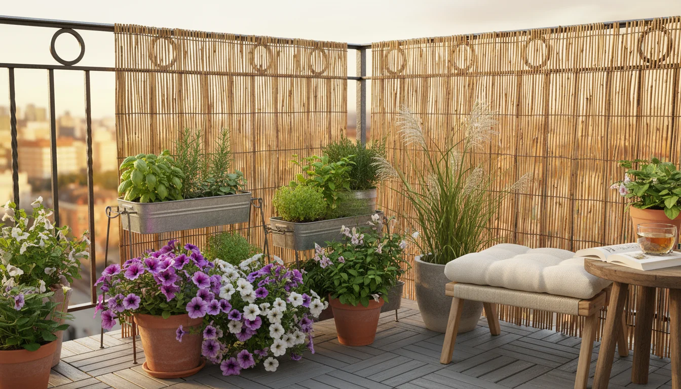 An urban balcony corner featuring a natural bamboo roll screen tied to a dark railing, creating a private backdrop for various container plants and a