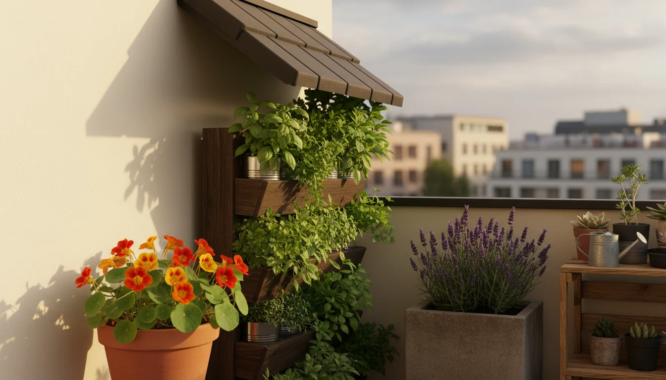 Urban balcony corner: sun-loving nasturtiums by a reflective wall, shade herbs in a vertical planter under an overhang, wind-resistant lavender in a h