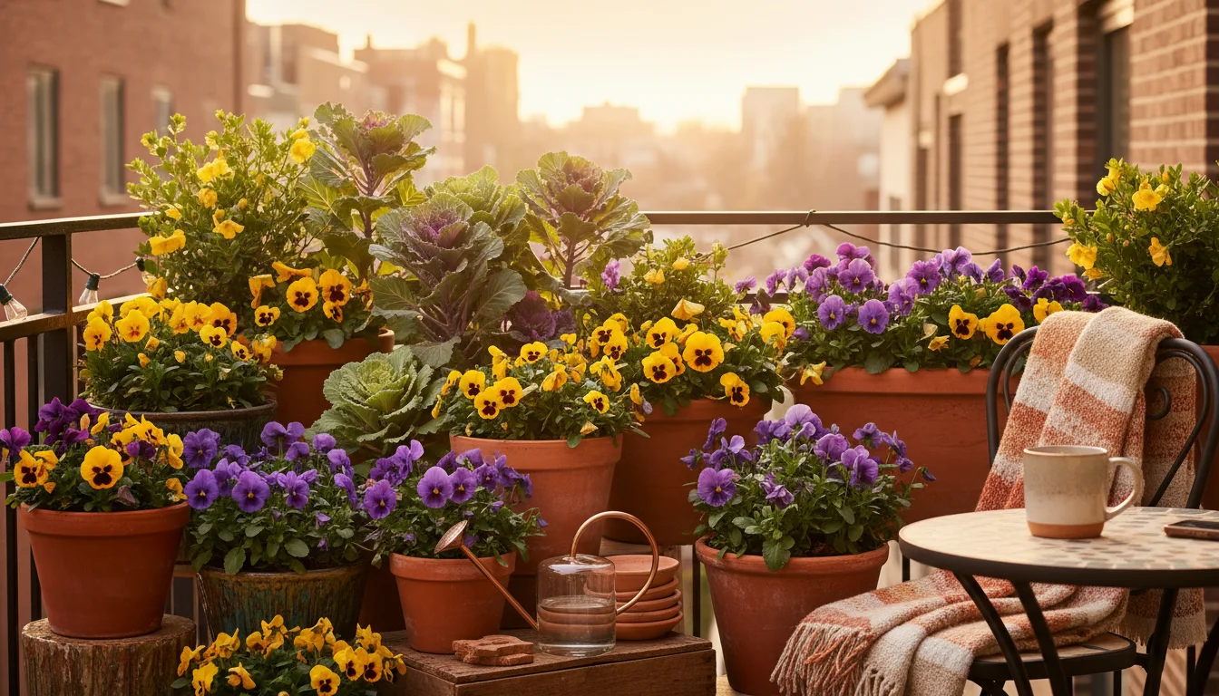 Urban balcony corner with terracotta and ceramic pots filled with vibrant pansies, violas, and ornamental kale in warm light.