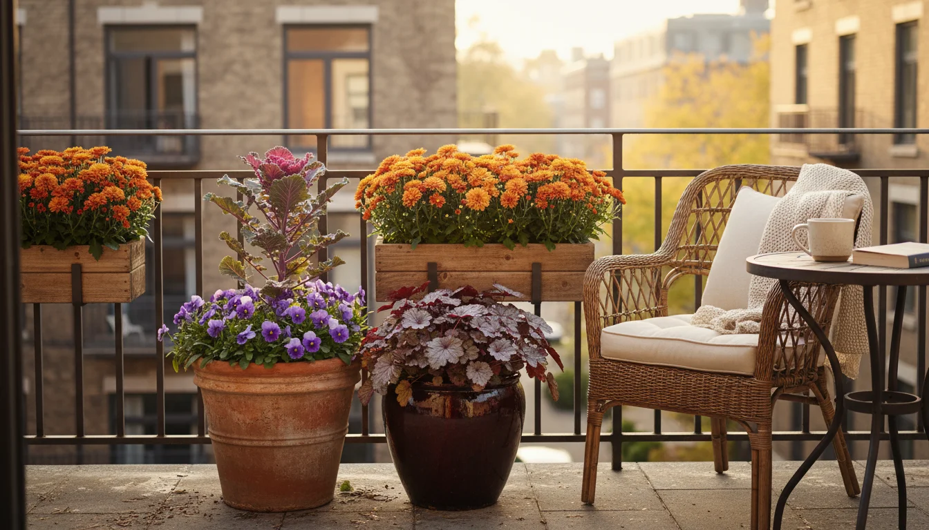 An urban balcony corner with various container plants displaying vibrant autumn colors: red ornamental kale, purple pansies, and orange mums.