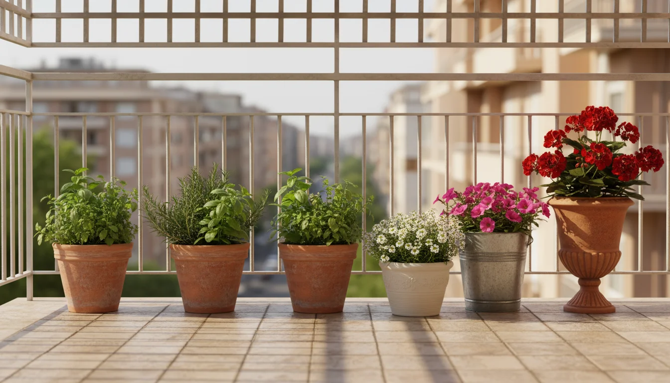 Urban balcony corner showing visual flow: four identical terracotta pots repeat along a railing, and three progressively taller pots with escalating f