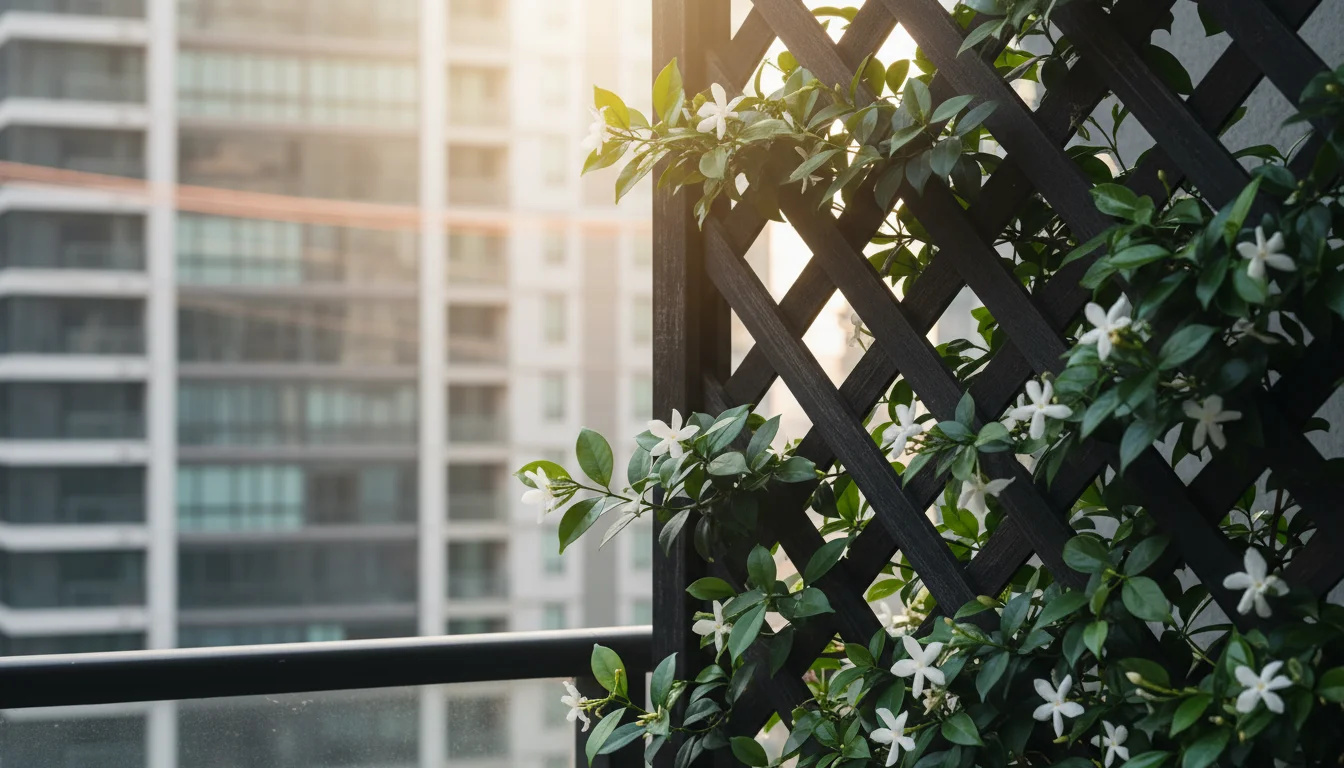 Eye-level view of an urban balcony's dark wooden lattice screen densely covered in thriving star jasmine with white flowers, blurring the city beyond.
