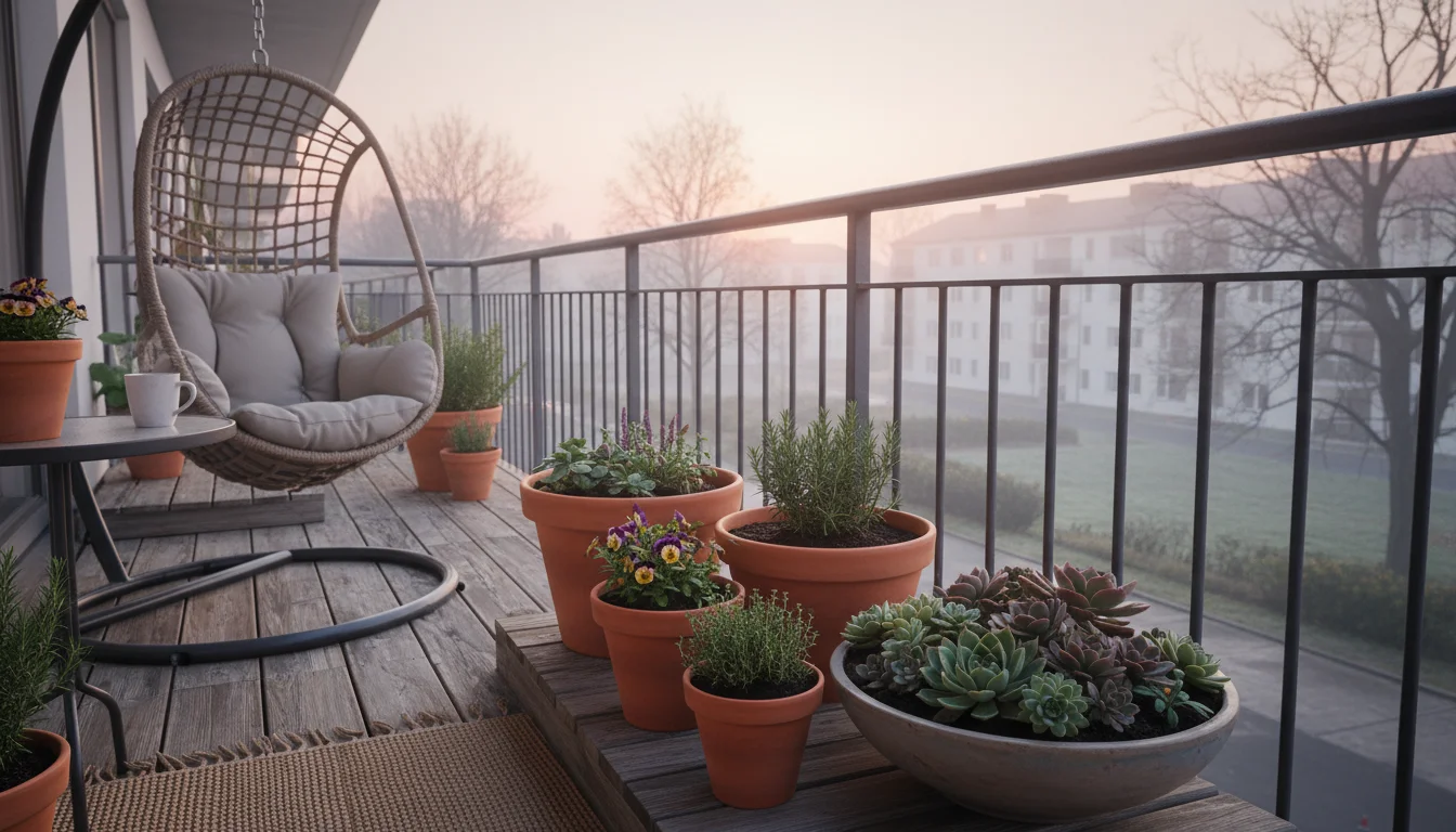 Urban balcony at dawn with diverse, thriving container plants in terracotta and ceramic pots. Person's hands rest on a table.