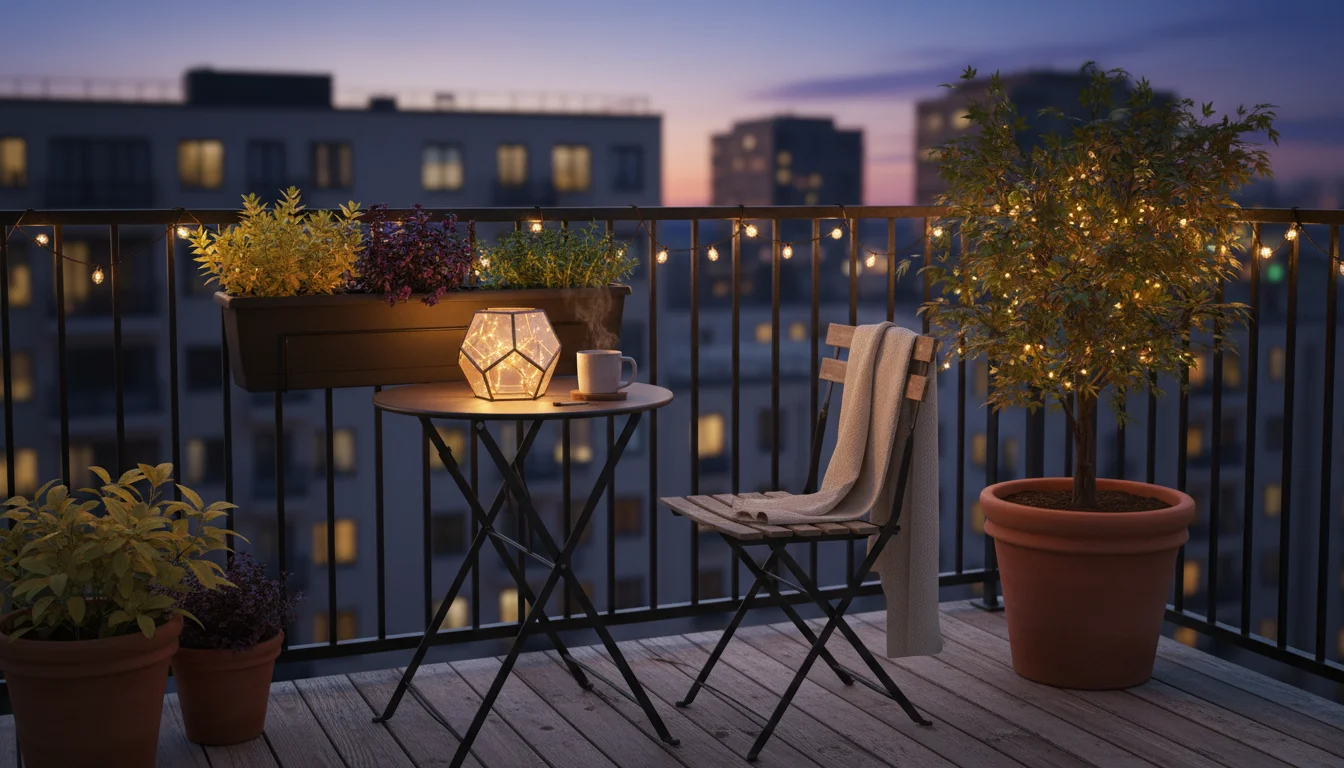 An urban balcony at dusk, illuminated by warm string lights, a solar lantern, and fairy lights woven through container plants.