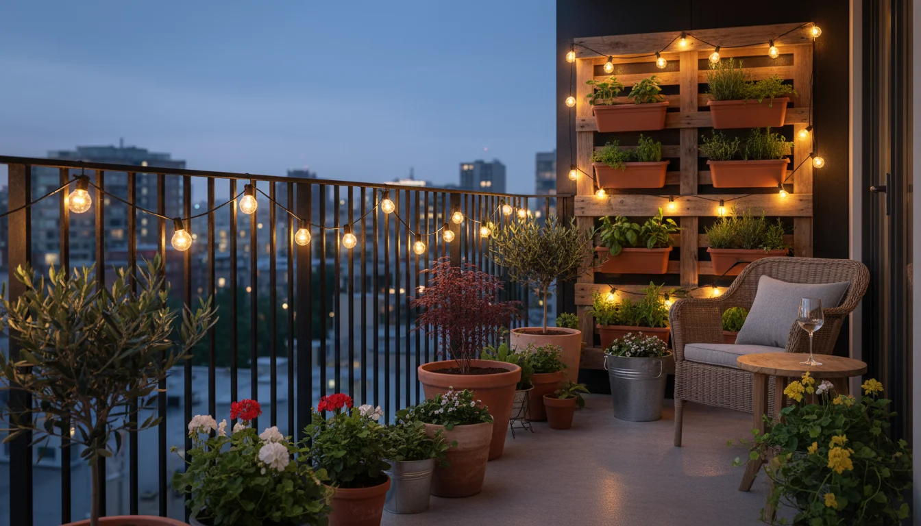 Urban balcony at dusk, string lights woven through a vertical herb garden and railing just beginning to glow, with a subtle smart plug visible.
