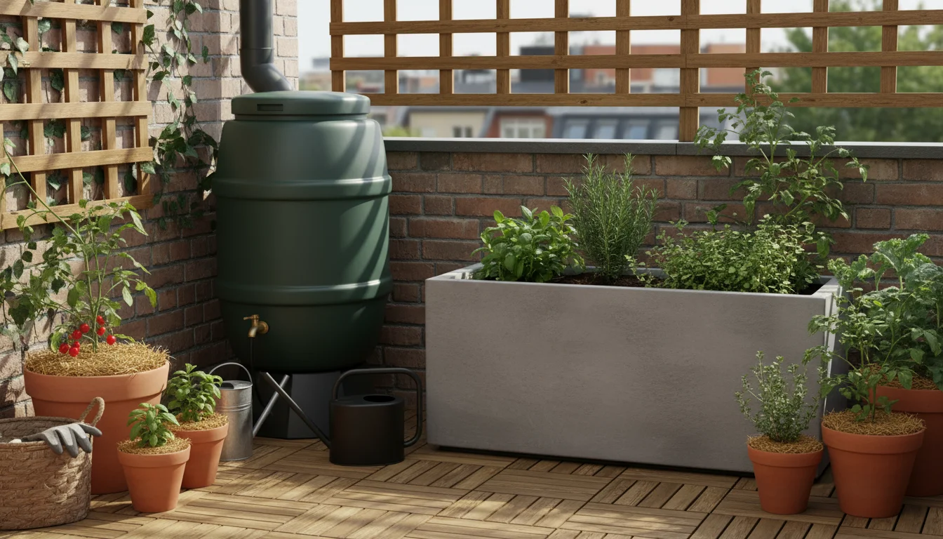An urban balcony garden corner with a dark green rain barrel, several mulched potted plants, a gray self-watering planter, and a black watering can.