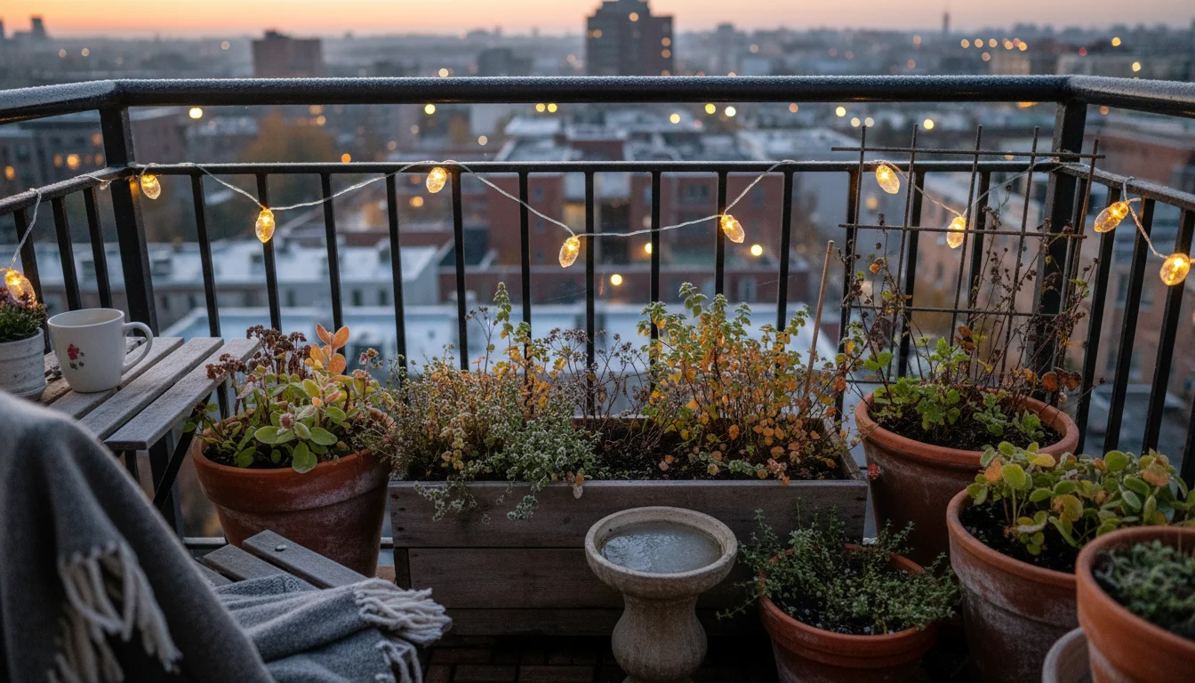 Urban balcony garden at dusk, showing container plants with early fall dormancy signs and a light frost on a terracotta pot.