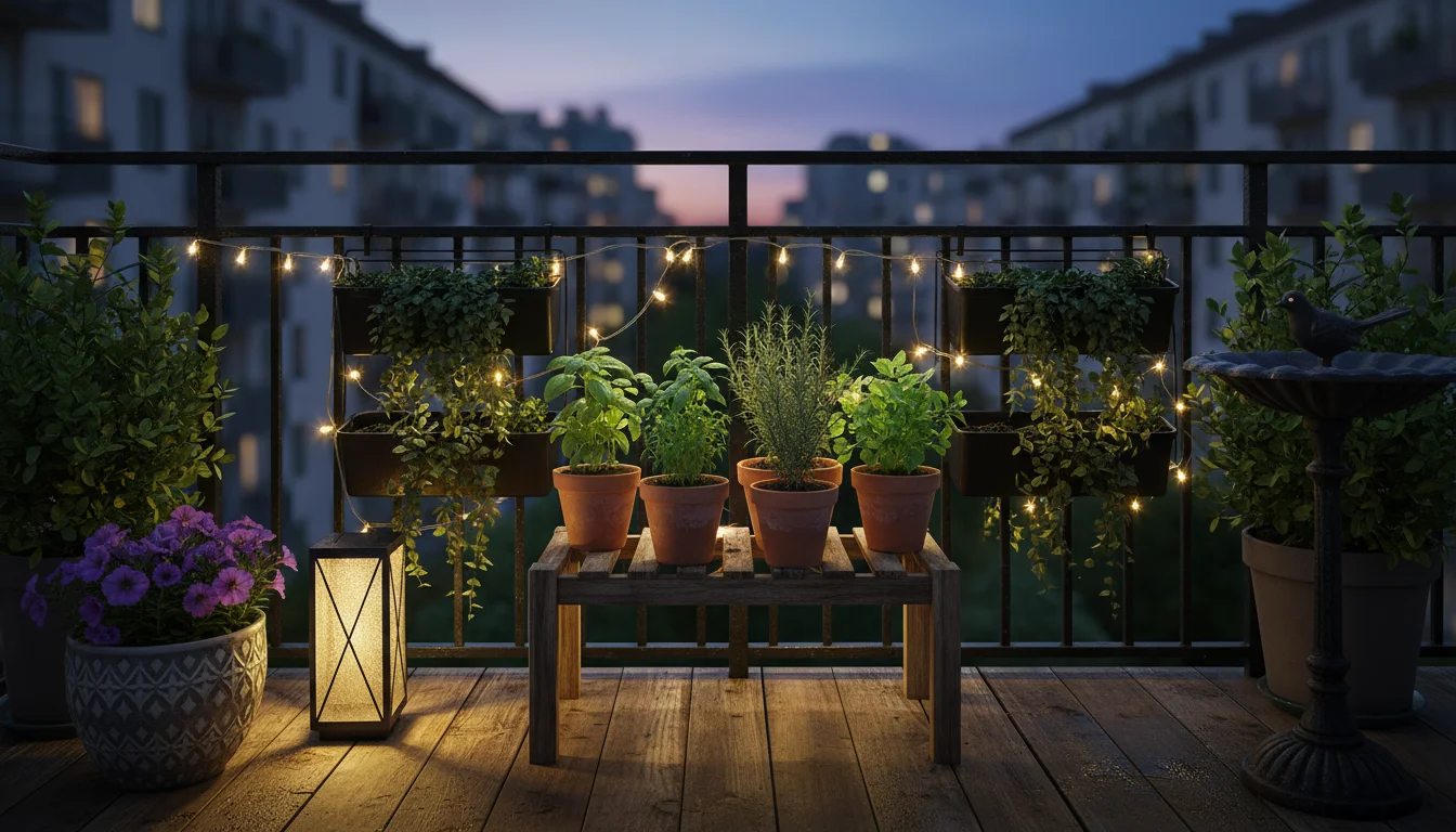 Urban balcony garden at dusk, lit by string lights, an LED ground light highlighting potted herbs, and a solar lantern.