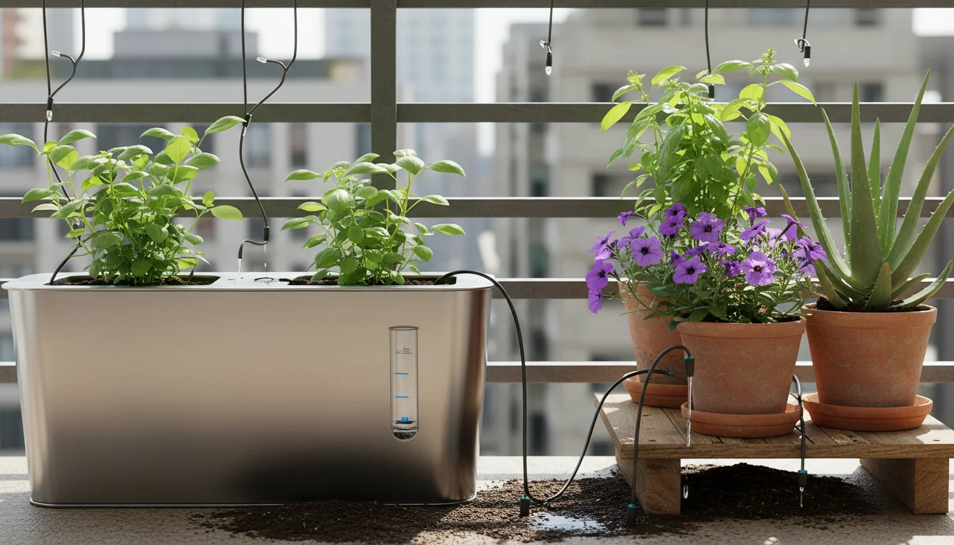 Urban balcony garden showing efficient irrigation: a self-watering planter in foreground, with drip lines feeding grouped container plants.