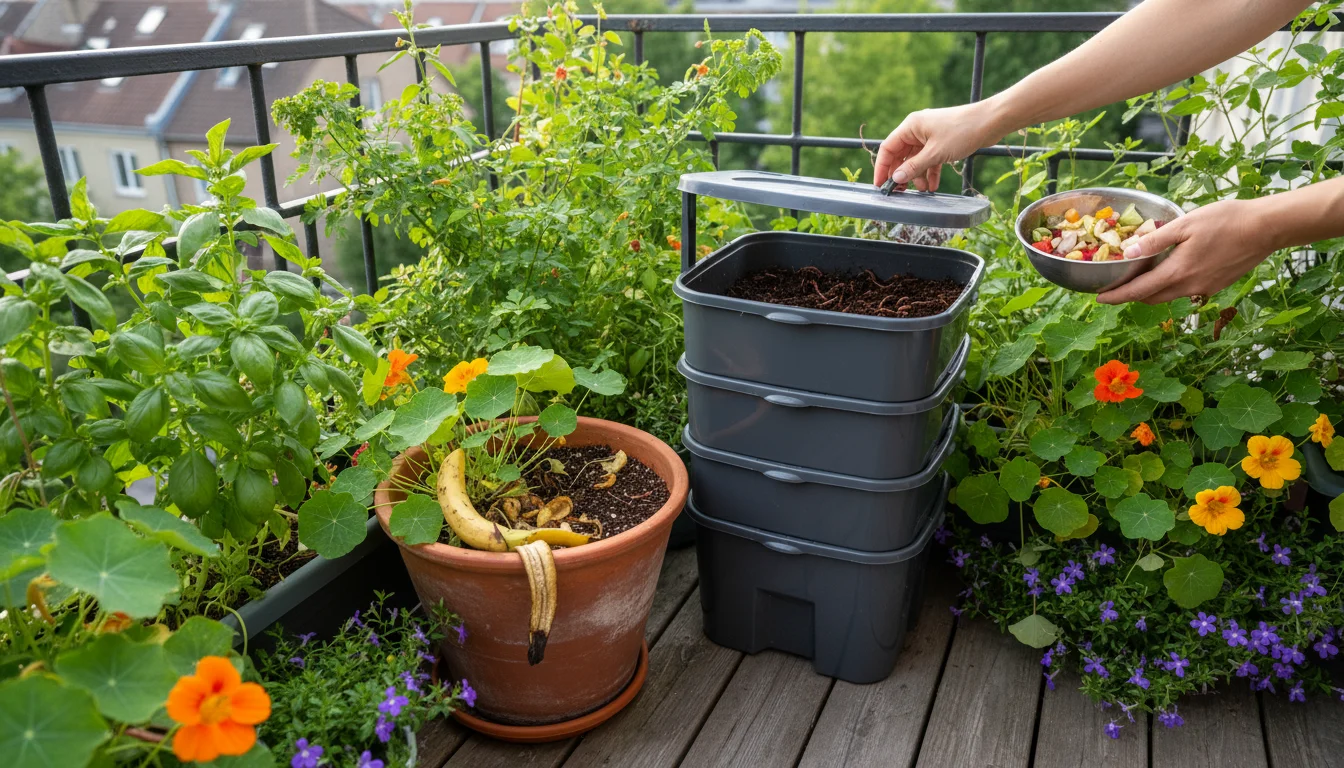 An urban balcony garden features a compact worm composting bin and a terracotta pot designated for composting kitchen scraps, surrounded by thriving c
