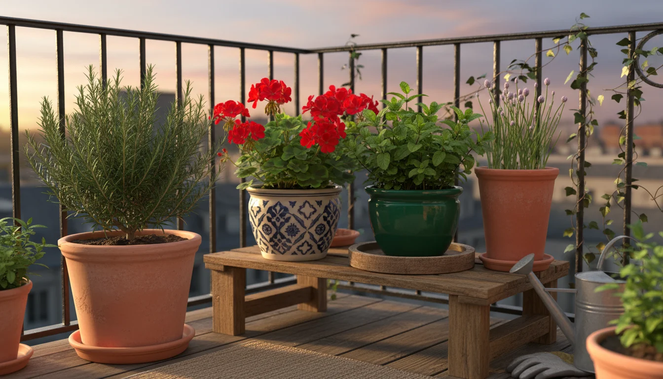 An urban balcony garden features strategically spaced pots of rosemary, geraniums, mint, and chives, promoting airflow.