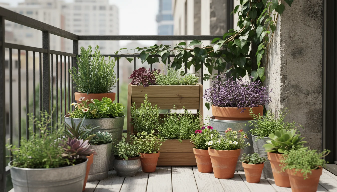 An urban balcony garden filled with thriving container plants. In the background corner, English Ivy aggressively creeps from an adjacent space.