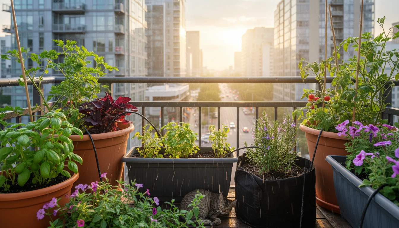 An urban balcony garden filled with thriving container plants, subtly connected by micro-drip irrigation lines and a small timer.