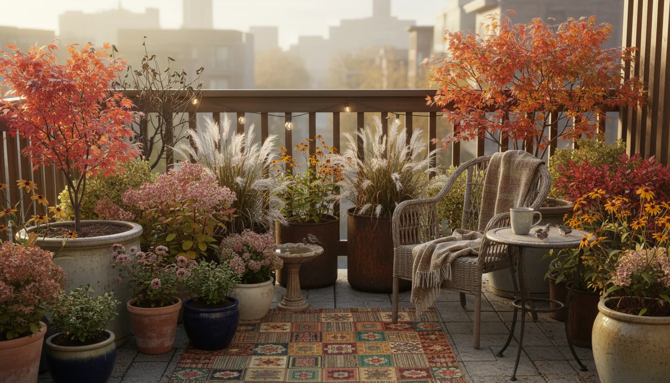 An urban balcony garden filled with various container plants in autumn. Dried sedum flower heads, feathery ornamental grass plumes, and fall foliage c