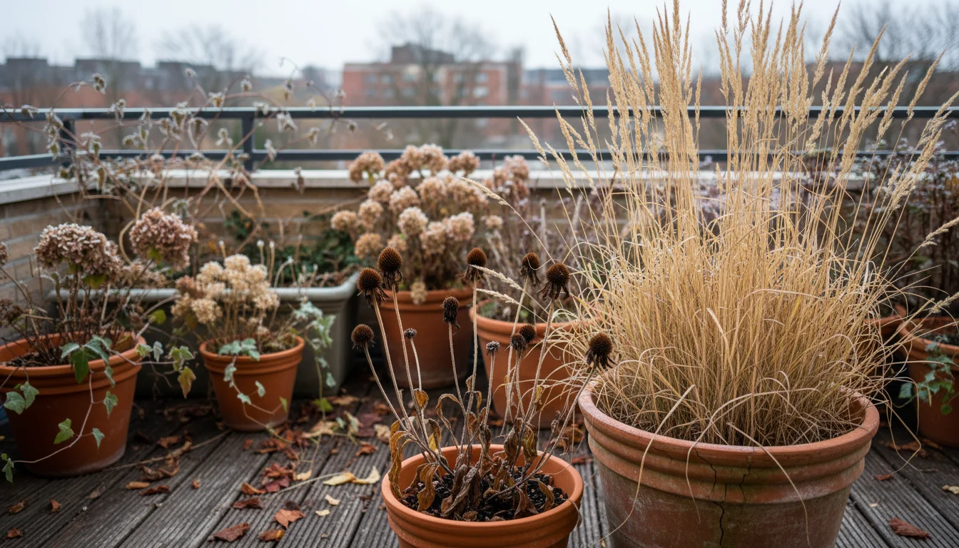 Urban balcony garden in late fall with tall, dried ornamental grass and sculptural coneflower seed heads in terracotta pots, left standing.