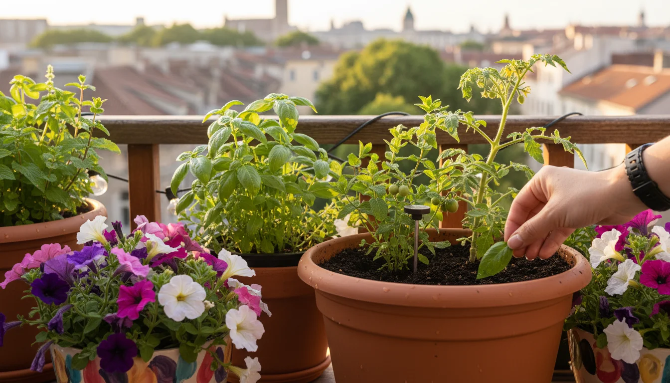 Urban balcony garden with lush potted plants. A tiny, dark soil sensor is barely visible in one pot; a minimalist light-grey controller blends into a