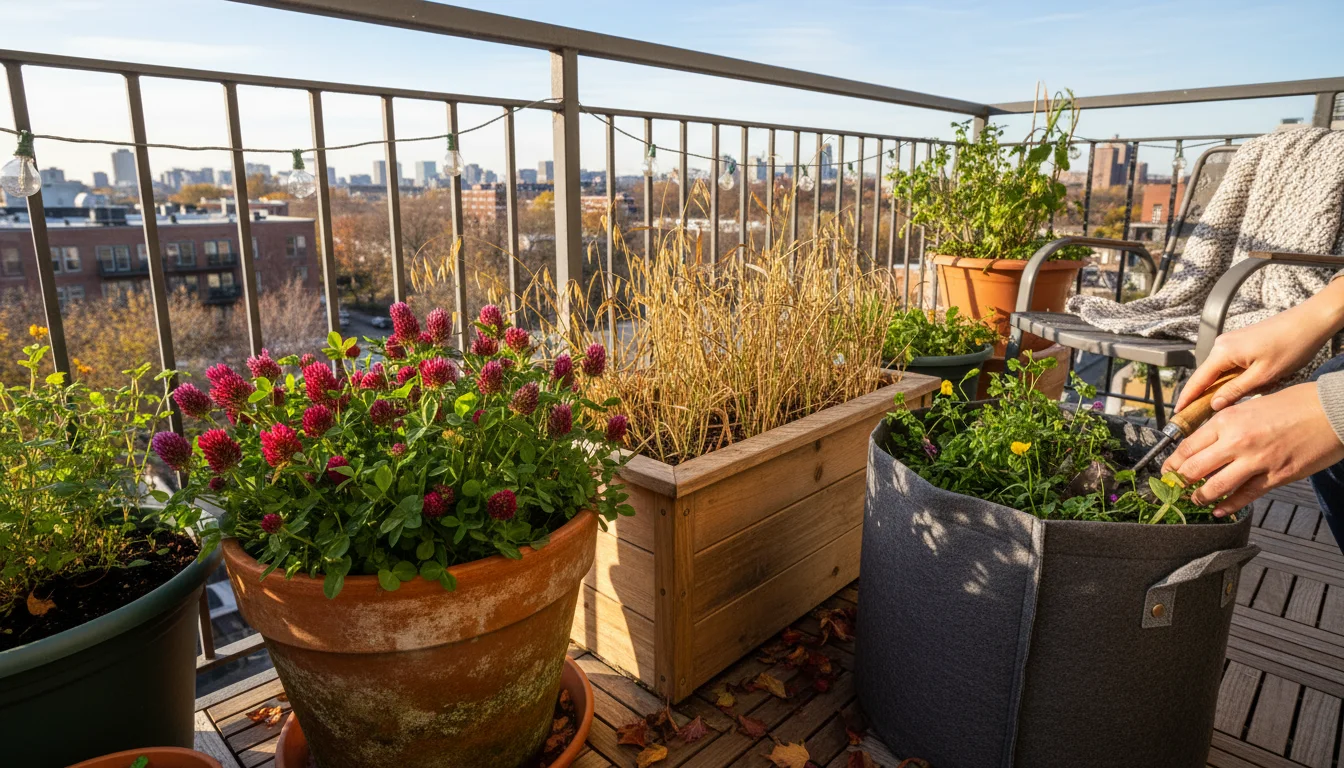 Urban balcony garden with multiple containers overflowing with lush green cover crops like clover and oats in autumn. A hand gently touches the foliag