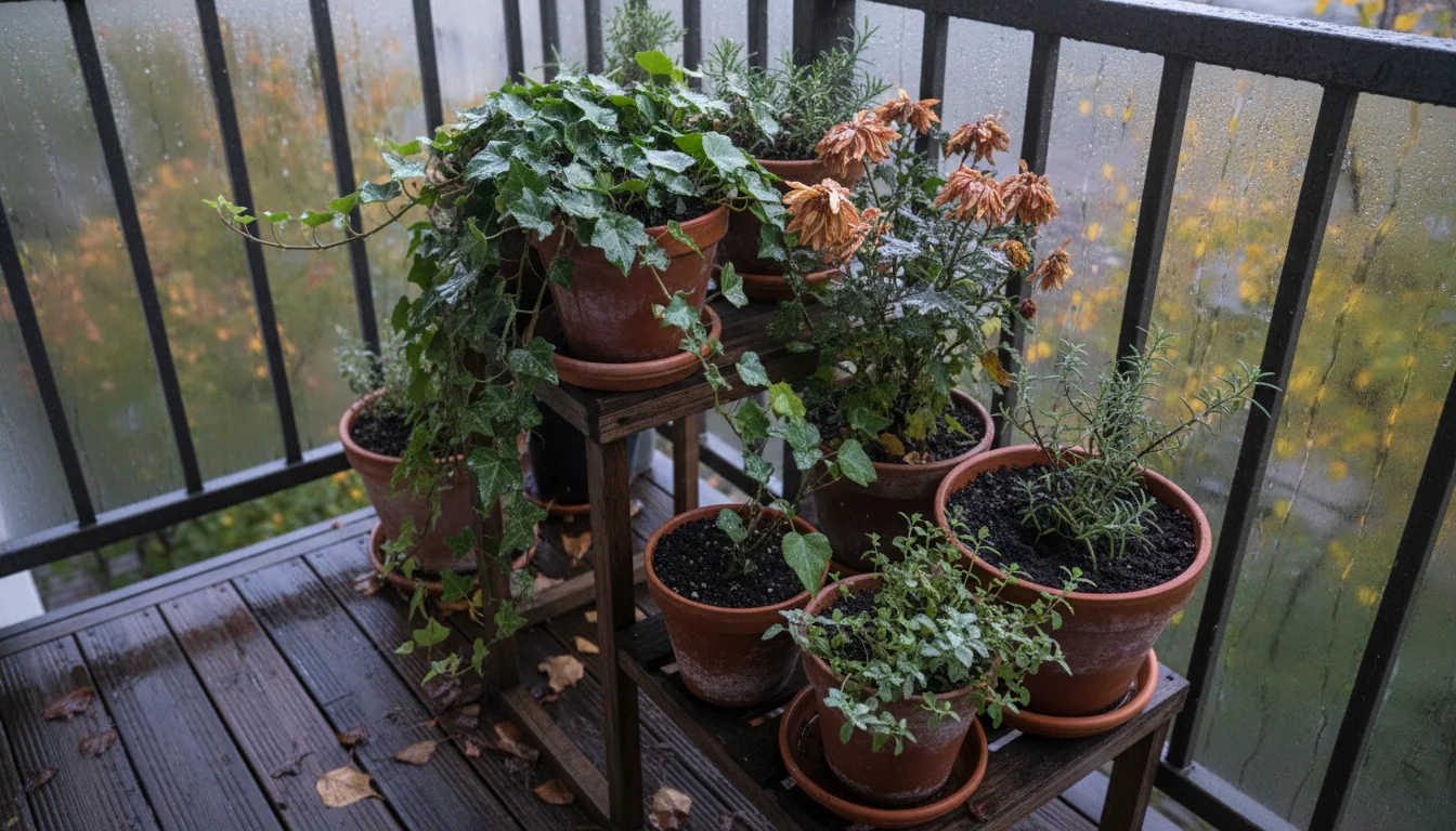 Urban balcony garden on an overcast autumn morning, damp container plants showing subtle powdery mildew.