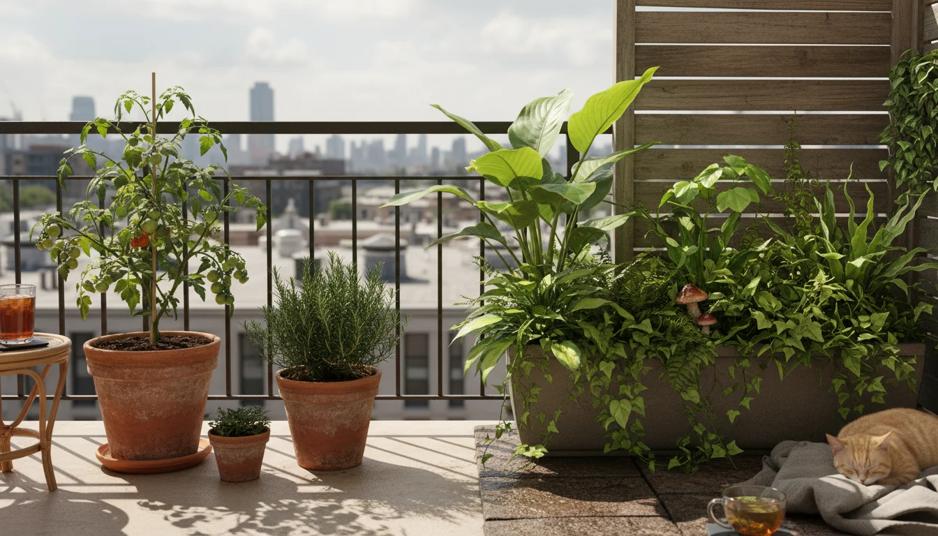 An urban balcony garden with a 'Patio' tomato plant and rosemary in direct sun, and leafy greens flourishing in partial shade.