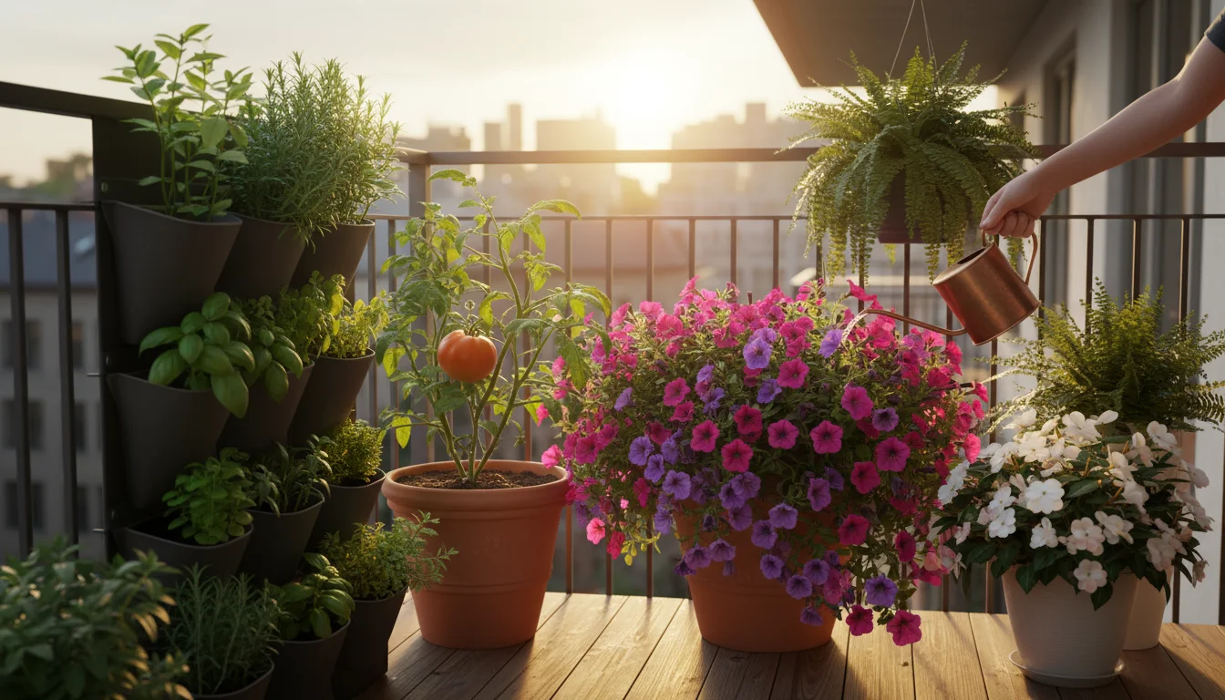 Urban balcony garden showing sun-loving plants (petunias, tomato) in bright light and shade-tolerant plants (impatiens, fern) in shade.
