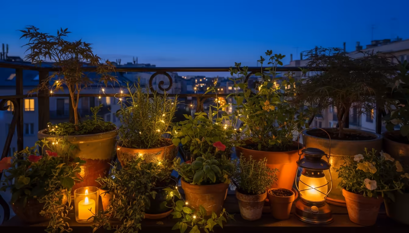 An urban balcony garden at twilight, illuminated by soft solar fairy lights and small lanterns among potted plants, creating a cozy glow.
