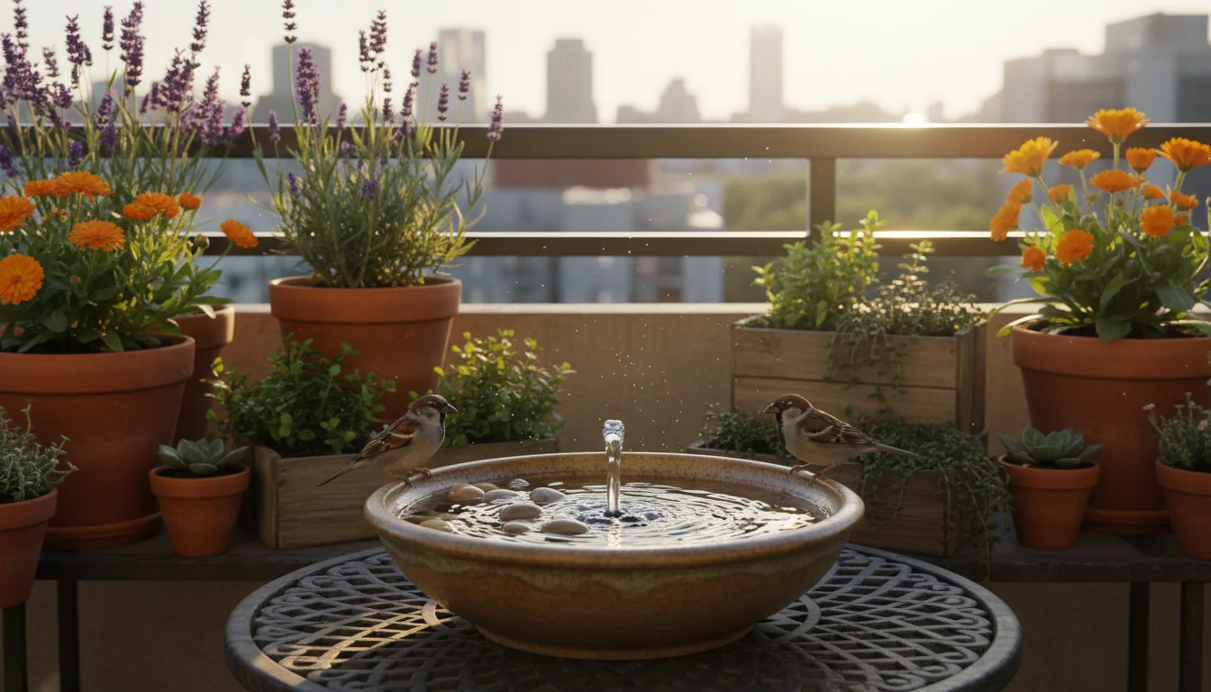 An urban balcony garden with various blooming container flowers and a shallow, pebble-filled bird bath on a table, awaiting pollinators.