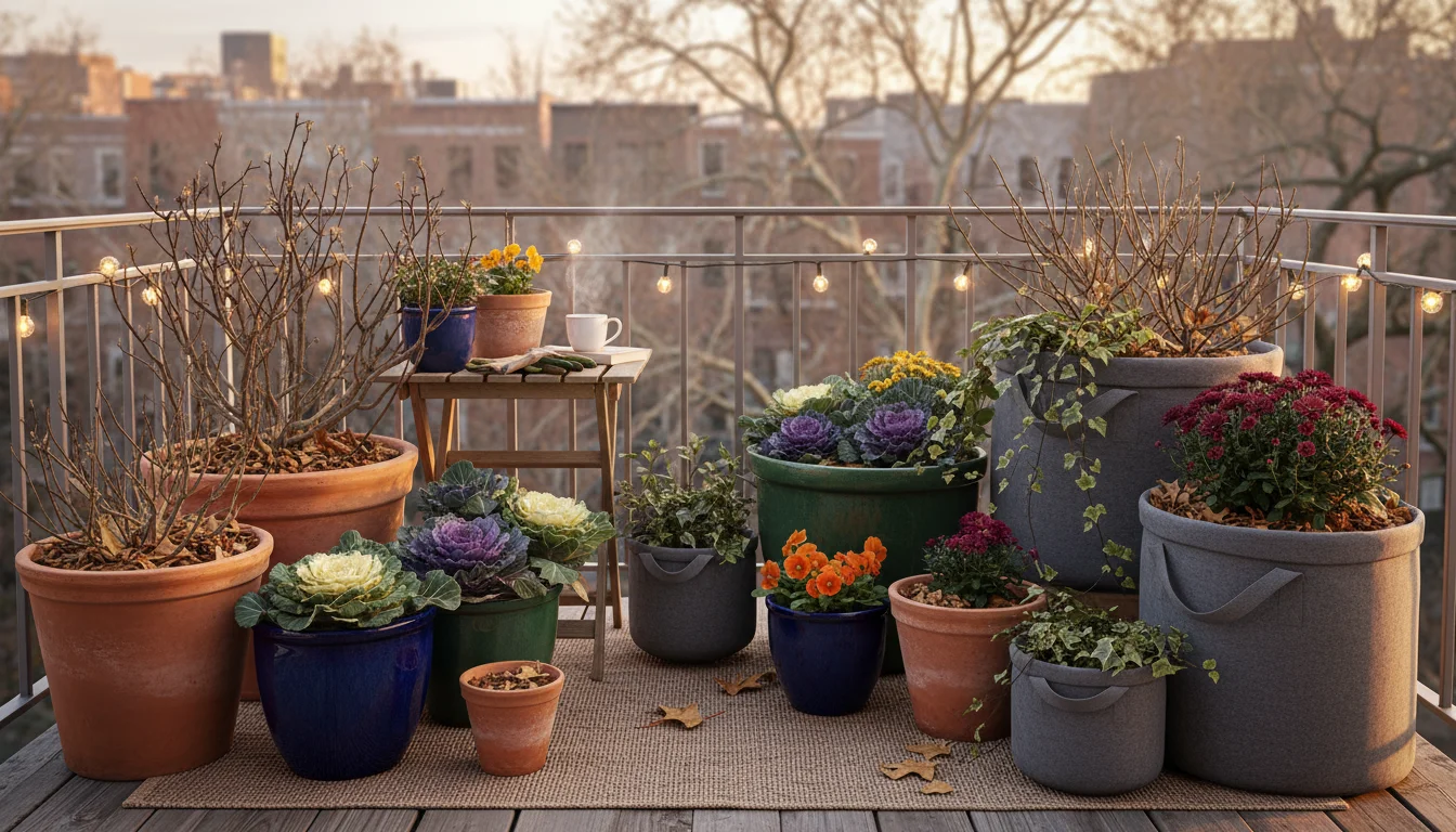 Urban balcony garden with various container plants, some showing natural leaf mulch and others tidily cleared with wood chips, bathed in warm autumn l
