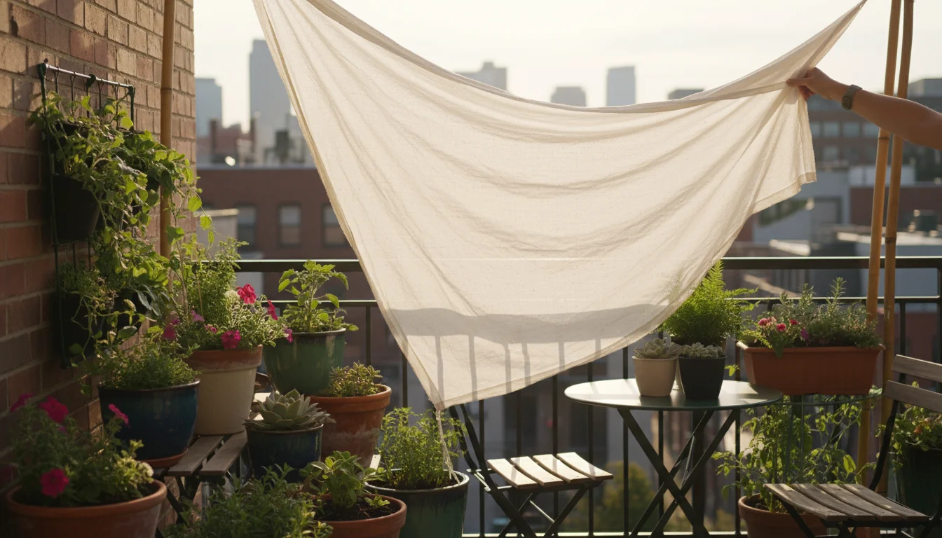 Urban balcony garden with various container plants under a white fabric shade cloth casting dappled shadows. A hand adjusts the fabric.