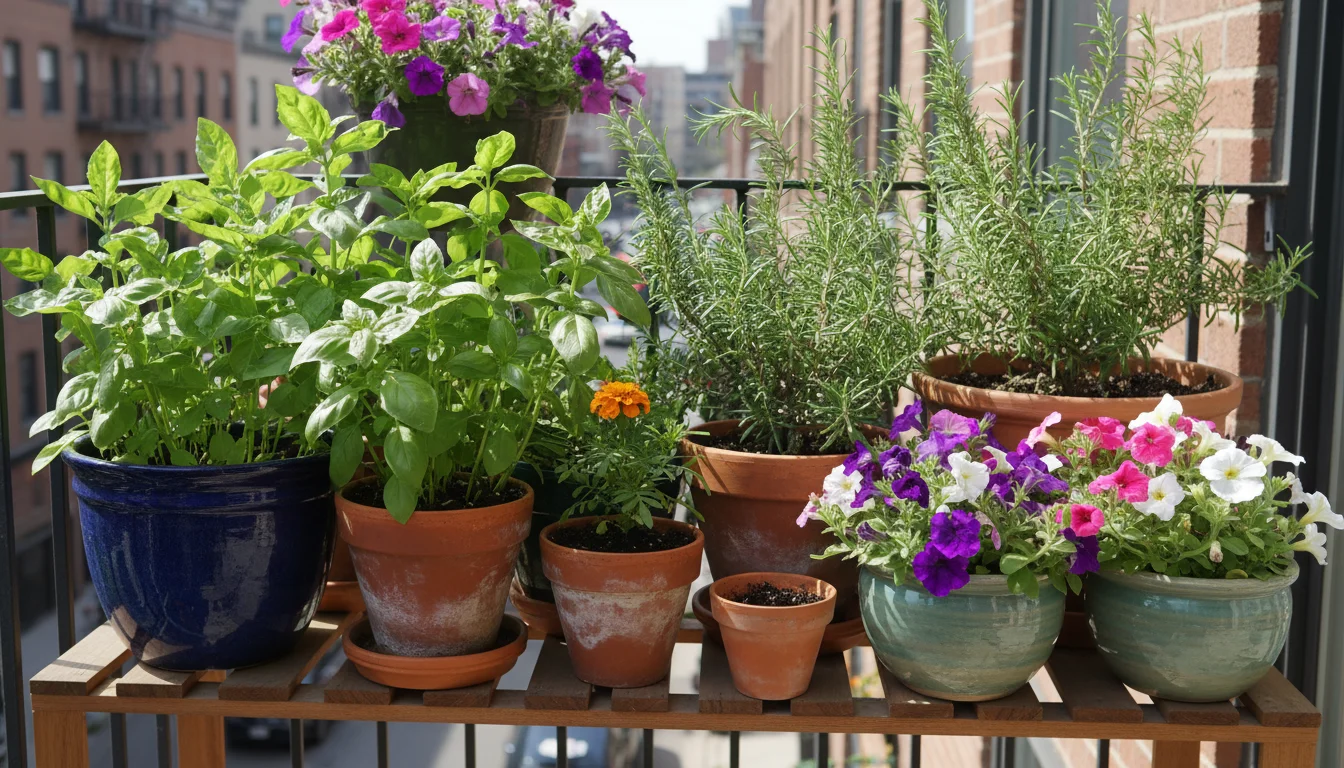 Urban balcony garden with wind-stressed basil and petunias in pots; a hand inspects a leaf, showing concern for damage.