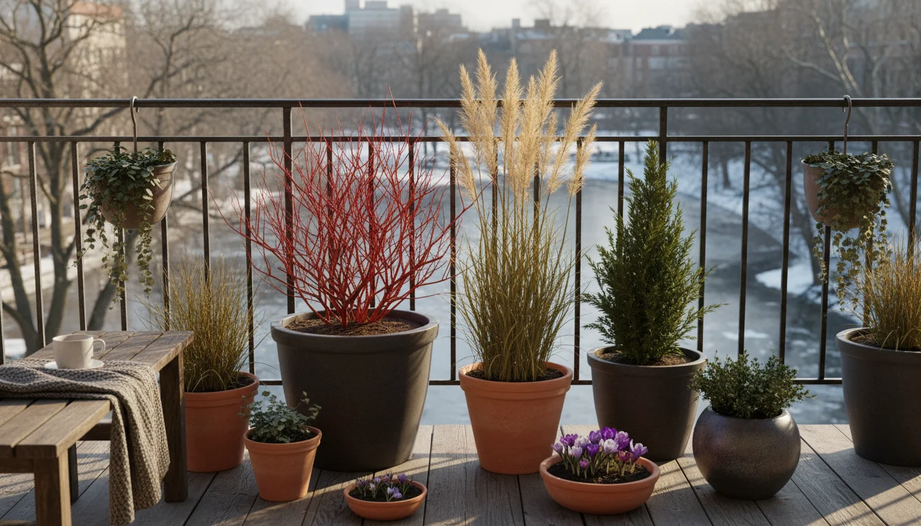An urban balcony garden in winter, featuring containers with a red-twig dogwood, ornamental grass, and juniper arranged for structural interest.