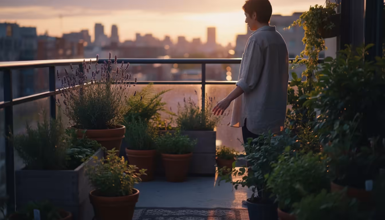 Urban balcony at golden hour. Container plants in soft western light and cool shadows. A person observes their arrangement.