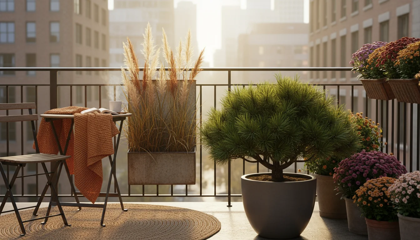 Urban balcony in late autumn featuring vibrant dwarf conifers and evergreen shrubs contrasting with dried ornamental grasses in various containers.