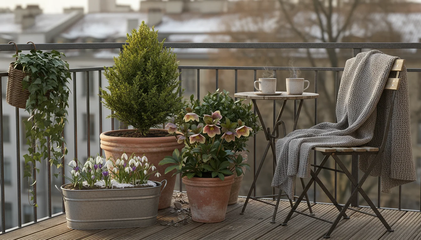 An urban balcony in late winter, featuring container plants like a dwarf conifer, hellebore, and dried sedum creating a year-round pollinator habitat.