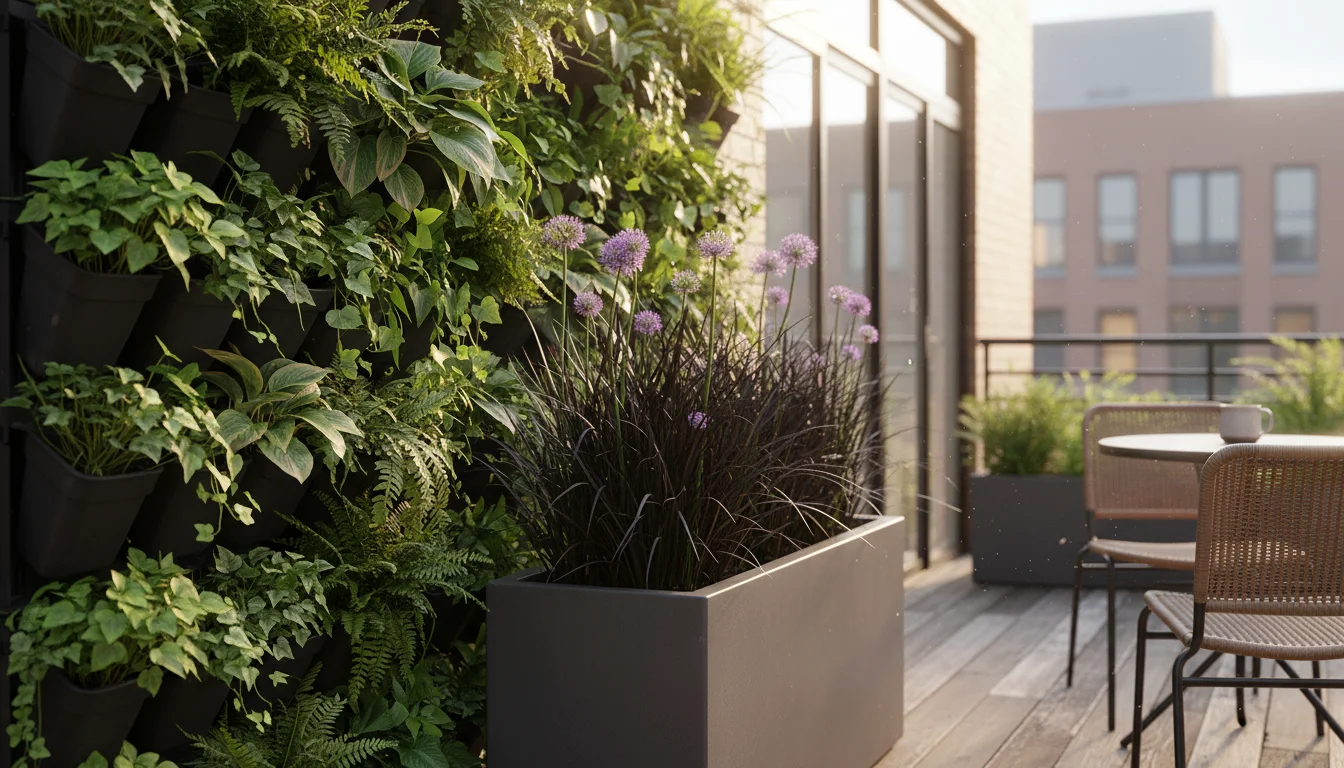 Urban balcony with a multi-layered plant privacy screen featuring a vertical garden, tall bamboo, and vibrant railing planters. A person waters plants