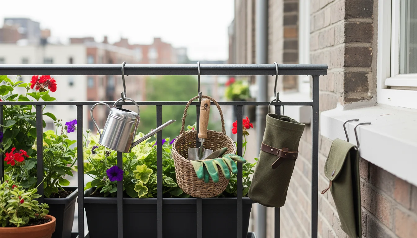 Urban balcony railing with S-hooks holding a watering can, glove basket, and tool pouch. Small hooks under a window sill hold a pruner sheath and gard