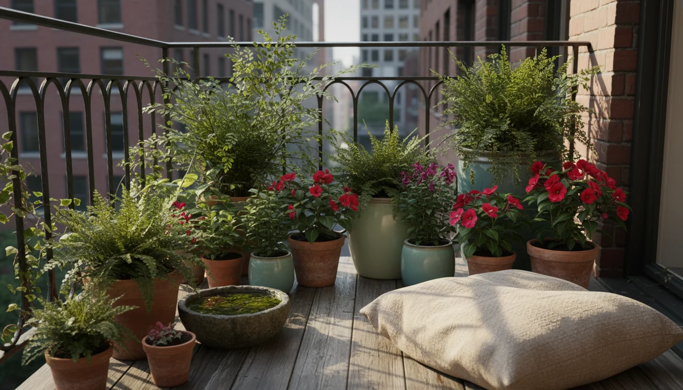 Urban balcony showcasing varied light conditions on container plants. Bright indirect light on ferns, a patch of sun on other pots.