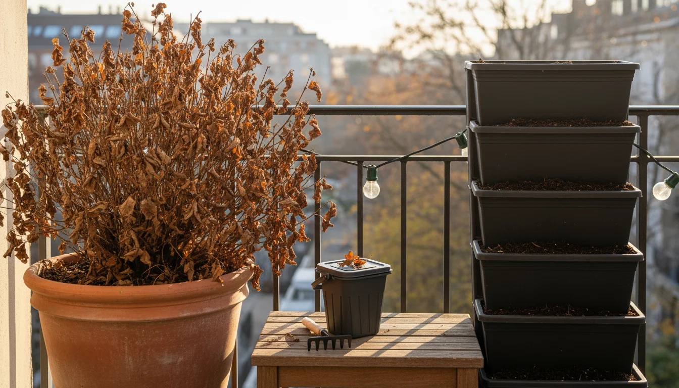 An urban balcony scene shows a terracotta pot with undisturbed leaves and a vertical planter with cleared soil, next to a compost caddy.