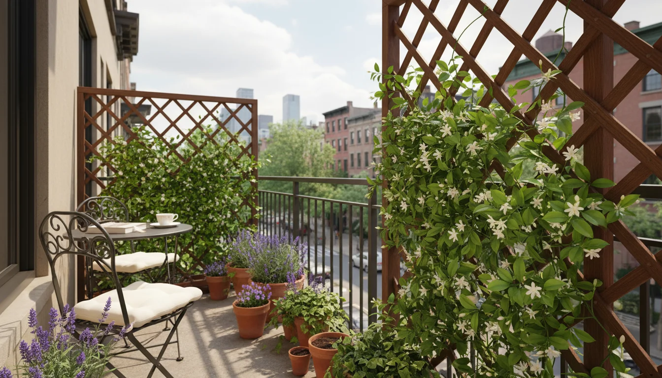 Urban balcony featuring a sturdy wooden trellis with jasmine vines growing through it, forming a natural, semi-permeable windbreak for container plant